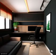 an office with black walls and leather furniture