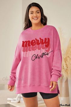 Olivia Mark - Pink Sequin Print Christmas Sweater with Cane Bow Knot Embellishments Mark Jersey, Split Sweatshirt, Pink Merry Christmas, Merry Christmas Graphic, Holiday Graphic Tees, Plus Size Sweatshirt, Christmas Tree Graphic, Sequined Sweatshirt, Holiday Hoodies