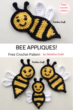 two crocheted bee appliques with the words, free crochet pattern