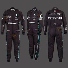 the new mercedes team's racing suit is shown in three different positions, including one for