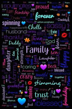 the word family written in different languages on a black background with hearts and other words