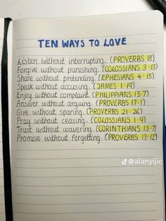 an open notebook with the words ten ways to love written on it