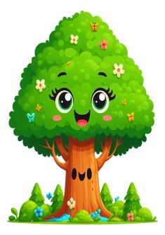 a green tree with eyes and flowers on it