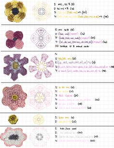 crocheted flowers are shown in different colors and sizes, with the names below them