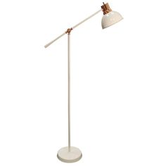 a white floor lamp with a wooden arm