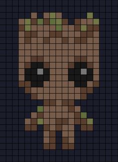 A pixel art template of Groot standing up with his arms beside him. Marvel Beads Pattern, Simple Pixel Art Characters, Marvel Pixel Art Grid, Perler Beads Marvel, Rick And Morty Pixel Art, Marvel Perler Bead Patterns, Marvel Perler Beads, Pixel Art Harry Potter, Mini Pixel Art