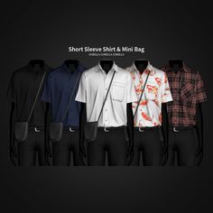 an assortment of short sleeve shirts and mini bags