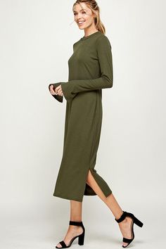 Koroneiki is a midi olive dress with slits on the side and round crew neck. It is a rib knit fabric, good stretch and has a good relaxed fit. -80% polyester, 14% rayon and 6% spandex -Measurements: *Small armpit to armpit: 17" Length: 46" *Medium armpit to armpit: 18" Length: 46" *Large armpit to armpit: 19" Length: 47" Stretch Midi Dress With Side Slits, Green Casual Midi Dress With Side Slits, Casual Midi Dress With Side Slits For Fall, Casual Fall Midi Dress With Side Slits, Fall Midi Dress With Side Slits, Olive Dress, Rib Knit Fabric, Best Stretches, Good Stretches