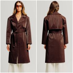 Brand New Tags! Size Xs Retail $278 The Regina Coat Is Crafted From Faux Leather With A Sophisticated Basket Weave Pattern, Offering A Textured And Stylish Look. It Features A Belt Closure For A Tailored Fit And A Polished Silhouette. The Coat Is Finished With Welt Pockets, Combining Functionality With A Refined Aesthetic. Fabric Faux Leather Basketweave: 55% Pu 45% Viscose Aesthetic Fabric, Brown Coat Women, Brown Streetwear, Basket Weave Pattern, Refined Aesthetic, Ronny Kobo, Weave Pattern, Brown Coat, Basket Weave