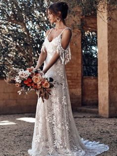 Silhouette A-Line Neckline V-neck Hemline/Train ... Boho Ivory Wedding Dress, Backyard Wedding Dress, Barn Wedding Dress, Wedding Dress With Train, Backyard Wedding Dresses, Boho Wedding Dresses, 2nd Wedding, Backless Bridal Gowns, Dress With Train