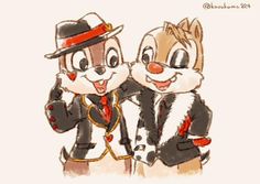 two cartoon animals dressed up in suits and hats