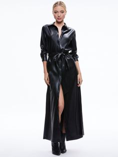 Chassidy Vegan Leather Maxi Shirt Dress In Black Pink Denim Skirt, Vegan Dressing, Leather Shirt Dress, Button Outfit, Maxi Shirts, Alice And Olivia, Maxi Shirt Dress, Lace Maxi, Sweaters And Leggings