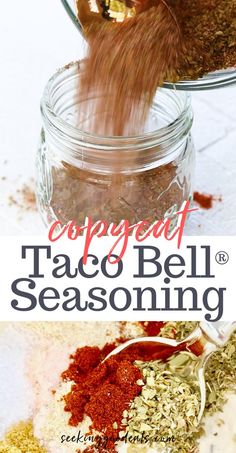 a jar filled with taco bell seasoning sitting on top of a table