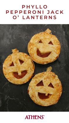 three pies with jack o'lantern faces on them and the words, phylo peperoni jack o'lanterns