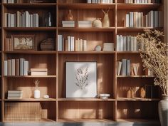 a bookshelf filled with lots of books and vases