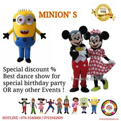 two cartoon characters are standing next to each other with the caption special discount best dance show for special birthday party or any other