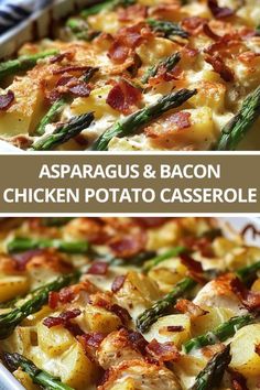 asparagus and bacon chicken potato casserole in a white dish with text overlay