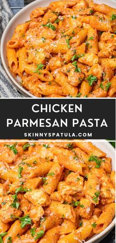 chicken parmesan pasta in a white bowl