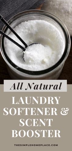 a jar filled with laundry softener and scent booster next to a spoon on a table