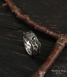 Vintage style tree band with emerald, Unique mens tree wedding band, Men's branch wedding ring, Mens emerald ring, Wide silver ring, Emerald ring ■ All wedding rings are only crafted with the finest of recycled metals DETAILS: Stone - 3mm Natural Emerald, weight approx. 0.10ct. Metal - Sterling Silver Dimensions - width 9mm (0.35 in.), Thickness - 1,7mm (0.066 in.) Finish - shiny and oxidize Please choose your ring size and gems in menu while making your order ■ CUSTOM OPTIONS - SIZES AVAILABLE: Rustic Silver Jewelry For Wedding, Rustic Silver Wedding Rings, Nature-inspired Silver Emerald Ring For Wedding, Nature-inspired Emerald Ring For May Birthstone, Nature-inspired Emerald Ring, Nature-inspired Green Wedding Ring, Handmade Nature-inspired Emerald Ring For Anniversary, Nature-inspired Round Emerald Ring For Wedding, Nature-inspired Wedding Rings With May Birthstone