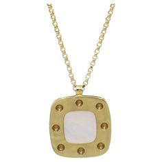 Roberto Coin 18K Yellow Gold and Mother-of-Pearl Pois Moi Pendant Drop Necklace Metal: 18k yellow gold Weight: 4.80 grams Pendant: 15 x 15mm Chain: 18 inches, adjustable to 17 inches Signed: Roberto Coin Italy 18K 750 Vintage Roberto Coin Necklace, Gold Square Pearl Pendant Jewelry, Gold Square Pendant Jewelry With Pearl, Hallmarked Yellow Gold Pearl Necklace For Anniversary, Gold Mother Of Pearl Necklace With Gemstone, Gold Necklace With Gemstone And Mother Of Pearl, Gold Necklaces With Gemstone And Mother Of Pearl, Hallmarked Gold Pearl Necklace As Gift, Gold Mother Of Pearl Pendant Necklace