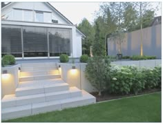 a house that has some steps in front of it and plants on the outside wall