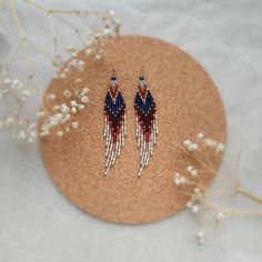 Navy blue & brown beaded earrings Seed bead earrings - Etsy Украина Handmade Brown Beaded Summer Earrings, Handmade Brown Beaded Earrings For Summer, Bohemian Long Drop Beaded Earrings With Tiny Beads, Beads With Beaded Fringe For Jewelry Making, Dangle Beads With Beaded Fringe For Jewelry Making, Artisan Beaded Tassel Earrings As Gift, Dangle Beaded Earrings With Fringe For Crafting, Artisan Beaded Tassel Earrings For Gift, Bohemian Style Long Drop Beaded Earrings