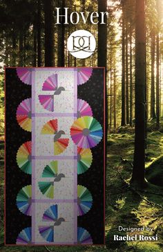 an image of a book cover with colorful umbrellas in the woods and sun shining through the trees