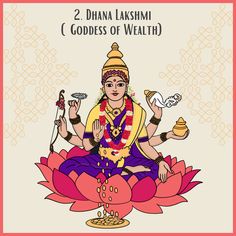 the goddess sitting on top of a lotus with her hands in each hand and holding a bowl