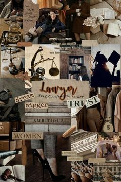 collage of images with women, books and law related items on them in various colors