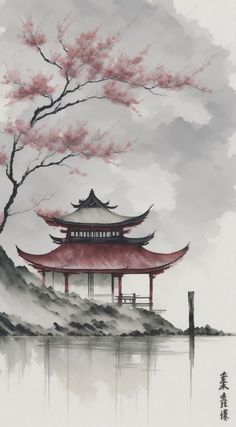 a painting of a pagoda with trees in the background and water on the other side