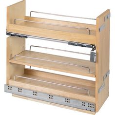 a wooden shelf with three shelves and two pull out trays