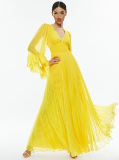 Selene Deep V Neck Pleated Maxi Dress In Happy Yellow | Alice + Olivia Chiffon V-neck Pleated Maxi Dress, Spring Billowy Pleated Dresses, Billowy V-neck Maxi Dress With Gathered Sleeves, Billowy Ruched Maxi Dress For Spring, Spring Billowy Ruched Maxi Dress, Party Maxi Dress With Elastic Sleeves And V-neck, Flowy V-neck Maxi Dress With Pleated Bodice, Flowy V-neck Dress With Pleated Sleeves, Spring Evening Maxi Dress With Smocked Bodice