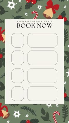 a christmas themed book now with candy canes and holly leaves on green paper background