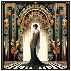 a woman standing in front of a doorway with an art deco design on the wall