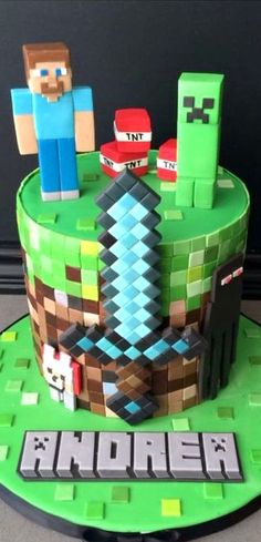 a cake made to look like the characters from minecraft