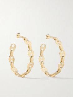 Rabanne's gold-tone hoop earrings are designed with the same interlocking chain links as its signature 'Nano' bags. Wear them for both day and evening occasions. Elegant Gold Chain Link Hoop Earrings, Yellow Gold Jewelry With Gold-tone Hardware For Evening, Elegant Small Hoop Chain Earrings, Elegant Small Hoop Earrings With Chain Detail, Chic Gold-tone Evening Jewelry, Gold-tone Hoop Metal Jewelry, Elegant Everyday Hoop Earrings With Chain Detail, Elegant Chain Link Hoop Earrings For Everyday, Elegant Everyday Chain Link Hoop Earrings