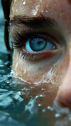 a close up of a person's face in the water with blue eyes and long eyelashes