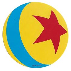 a circular sticker with a red star on the center and blue circle around it