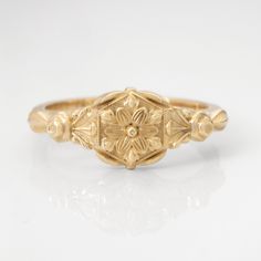 This vintage-style signet ring is inspired by a church-like Victorian style, and features floral and leaf flourishes on each size. An eye-catching, elegant ring for everyday wear.  CUSTOMIZATION AND FONTS * You may inscribe up to 5 letters on the inside of this ring.  * This ring can be made for men or women and in your preferred size or color of gold.  * All designs are modeled and sent to you for approval before casting the final design. Prior to being a jeweler, I spent 10 years in a career a Luxury Victorian Signet Ring As Gift, Luxury Victorian Signet Ring, Christian Ring, Antique Rings Victorian, Victorian Ring, Vintage Bee, Special Symbols, Monogram Ring, Victorian Rings