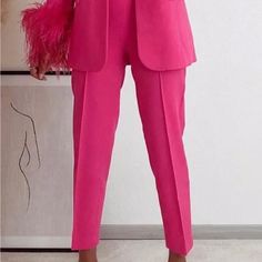 Zara Ankle Trousers Pink Tapered Leg Office Pants, Pink Tapered Leg Office Bottoms, Pink Ankle-length Office Pants, Spring Solid Color Ankle-length Pantsuit, Spring Ankle-length Pantsuit, High Waist Pantsuit With Pockets For Party, Spring Party Bottoms With Tapered Leg, Summer Tapered Leg Pants For Party, Zara Tapered Leg Pants For Spring