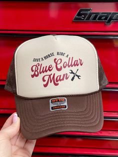 This one's for all you blue collar wives! Support your honey with this fun and comfortable trucker! Available in different colors, just send us a message to make sure we have it in stock! Premium heat transfer vinyl on Otto's foam front, high profile, snapback trucker hat. Super comfortable and perfect for summer! Looking for something custom? Message us! We love custom orders! Inappropriate Trucker Hats, Funny Trucker Hats For Women, Funny Trucker Hats, Blue Collar Wife, Funny Trucker Hat, Trucker Humor, Women Trucker, Monogram Hats, Custom Trucker Hats