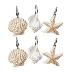 four seashells are hanging from hooks on a white background with clippings