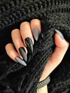 Gray Almond Nails Design, Nails Grey And Black, Gray Black Nails, Black And Gray Nail Designs, Stormy Nails, Rocker Nails Punk, Black Grey Nails, Matte Black Almond Nails, Dark Nails Inspiration