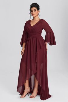 Elevate your bridal party look with our V-Neck Asymmetric Hem Elegant Bridesmaid Dress. This stunning piece features a flattering V-neckline and a unique asymmetric hem, combining elegance and comfort for all body types. Perfect for making unforgettable memories, it’s your ultimate choice for a stylish celebration! Fit & Sizing Season: Fall Type: Regular Stretch: Non-Stretch Sleeve Length: Long Sleeves Dresses Length: Maxi Color: Burgundy Style: Formal,Elegance Type: Regular Neckline: V Neck Occ Elegant Bridesmaid Dress, Long Sleeves Dresses, Burgundy Style, Cocktail Dress Formal, Elegant Bridesmaid Dresses, Style Formal, Chevron Dress, Party Look, Unforgettable Memories