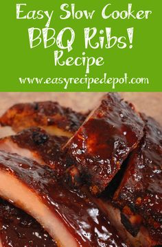 easy slow cooker bbq ribs recipe on a cutting board with text overlay