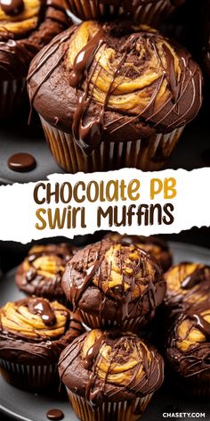 chocolate peanut butter swirl muffins on a black plate with the title above it