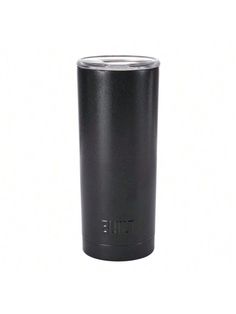 a black tumbler cup sitting on top of a white surface with the word time printed on it