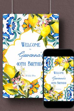 Majolica blue tiles lemons birthday welcome sign editable template poster instant digital download Beverage Label, Lemon Invitations, Majolica Tiles, Majolica Blue, Citrus Wedding, Summer Wedding Decorations, Blue Bridal Shower, Creative Invitations, Elegant Bridal Shower