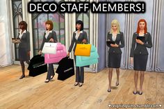 three women in business attire holding shopping bags with the words deco staff members